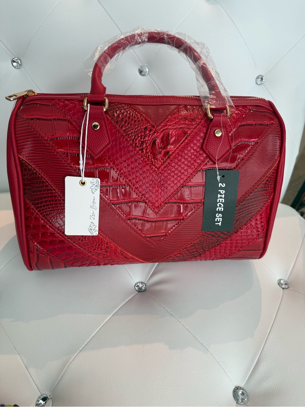 Designer-Inspired Red Patchwork Satchel | Includes Matching Wallet - Picture 4 of 15